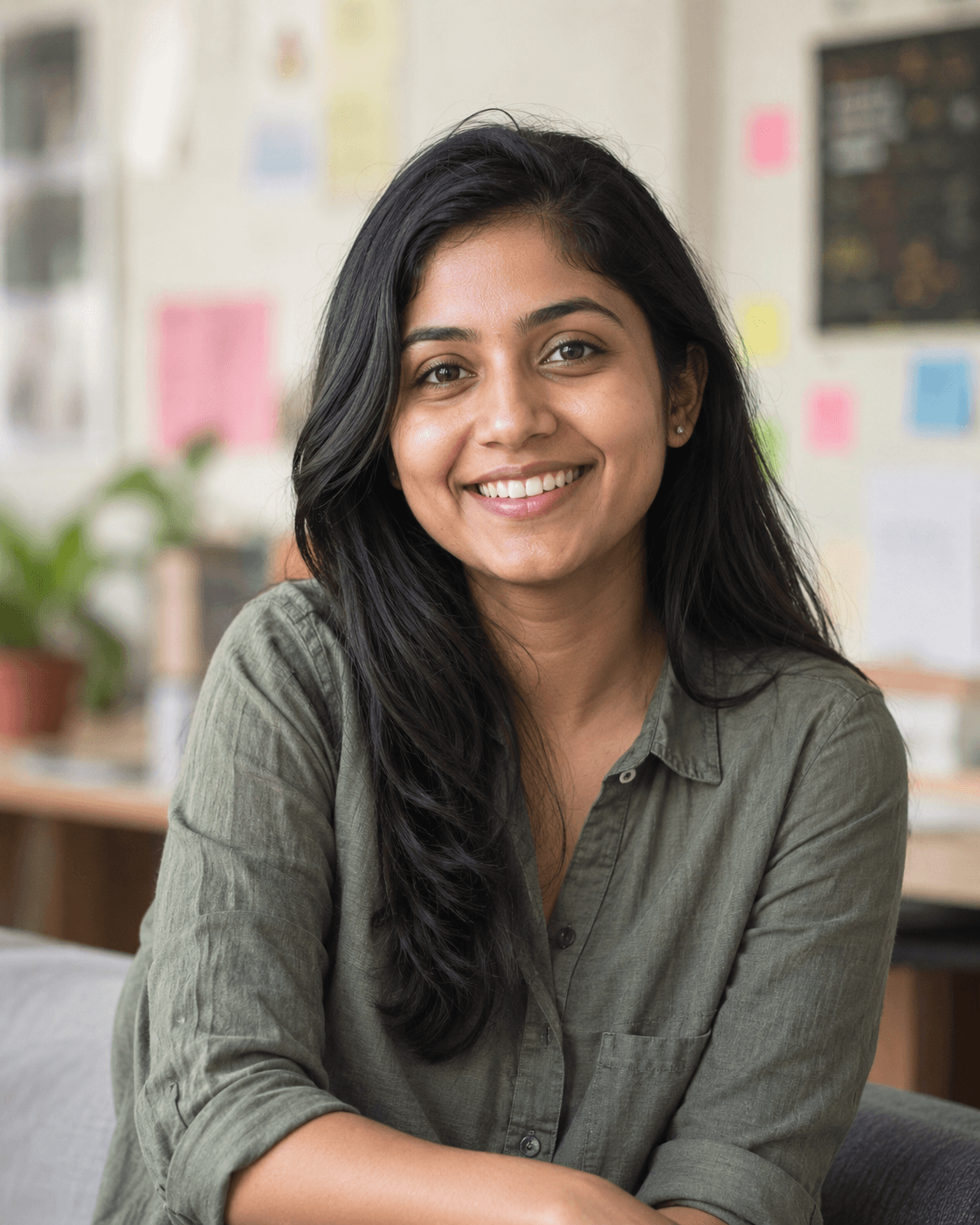 A smiling South Asian woman sitting in a bright room, warmly inviting listeners to share their rare disease story